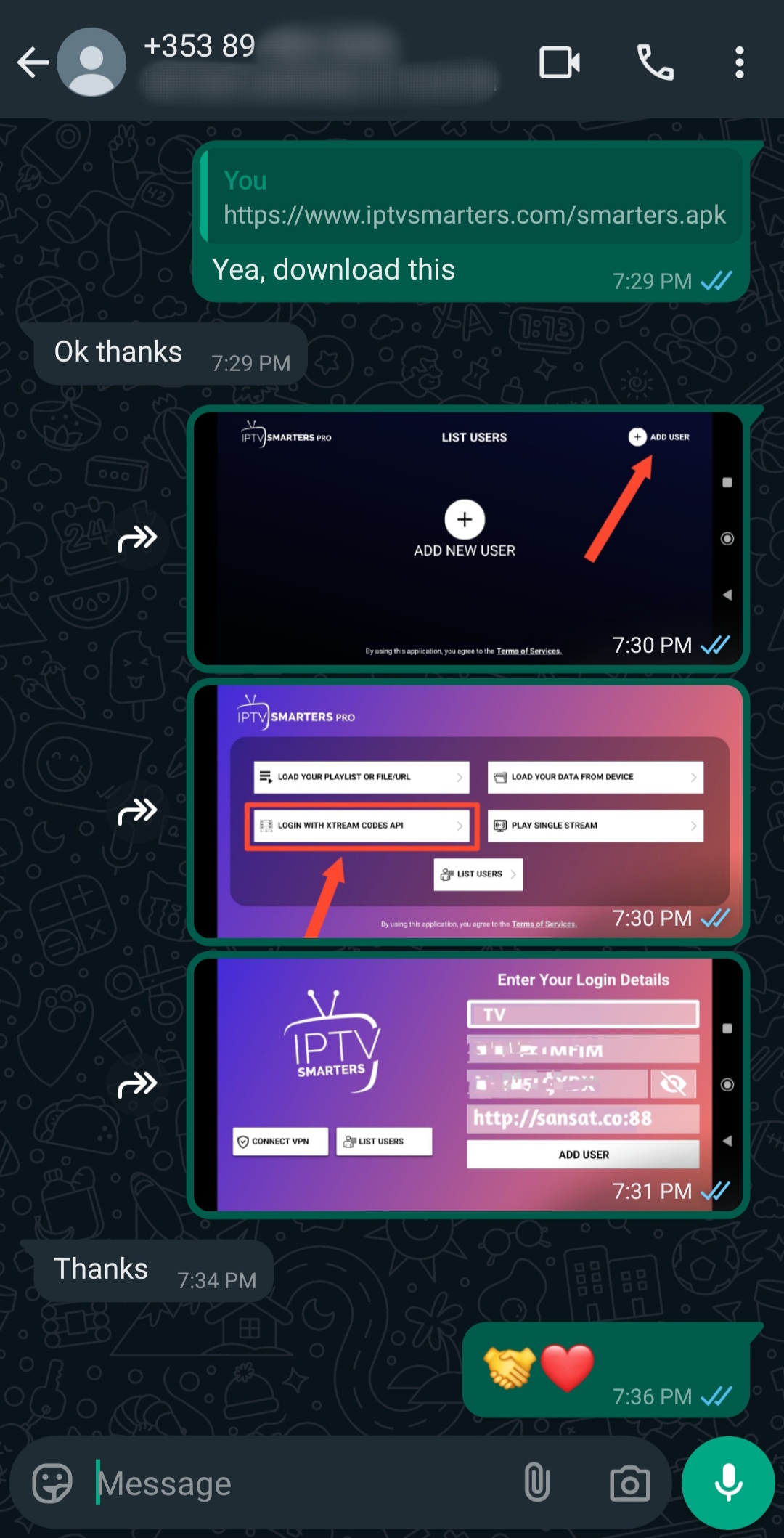 A WhatsApp chat showing instructions for IPTV Latino Smarters Pro setup, with three screenshots: selecting Add User, choosing Load Your Playlist or File/URL, and entering login details. The conversation includes thanks plus handshake and heart emojis.
