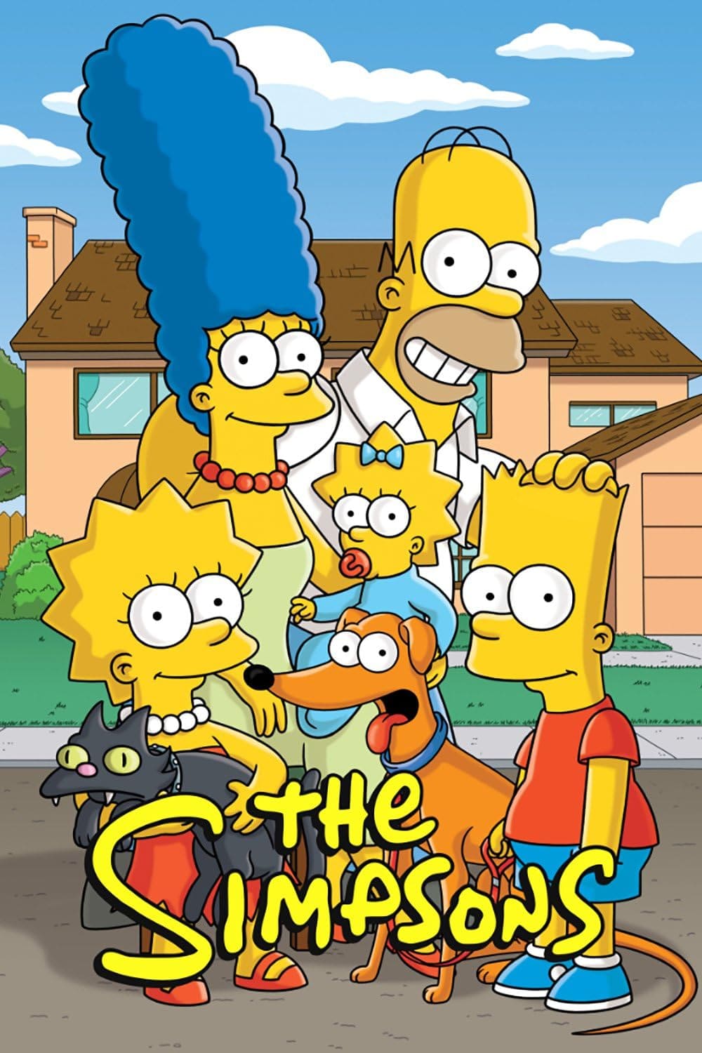 The Simpson family—Marge, Homer, Maggie, Lisa (holding a black cat), and Bart (with an orange dog)—stand smiling in front of their house, with the yellow “The Simpsons” logo and an IPTV Latino banner at the bottom.