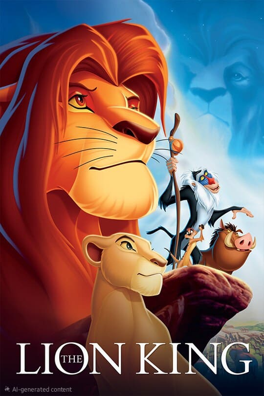 An illustrated poster for The Lion King shows Simba, Nala, Rafiki, Timon, and Pumbaa on Pride Rock with Mufasa’s face in the clouds above a blue sky—now streaming on IPTV Latino.