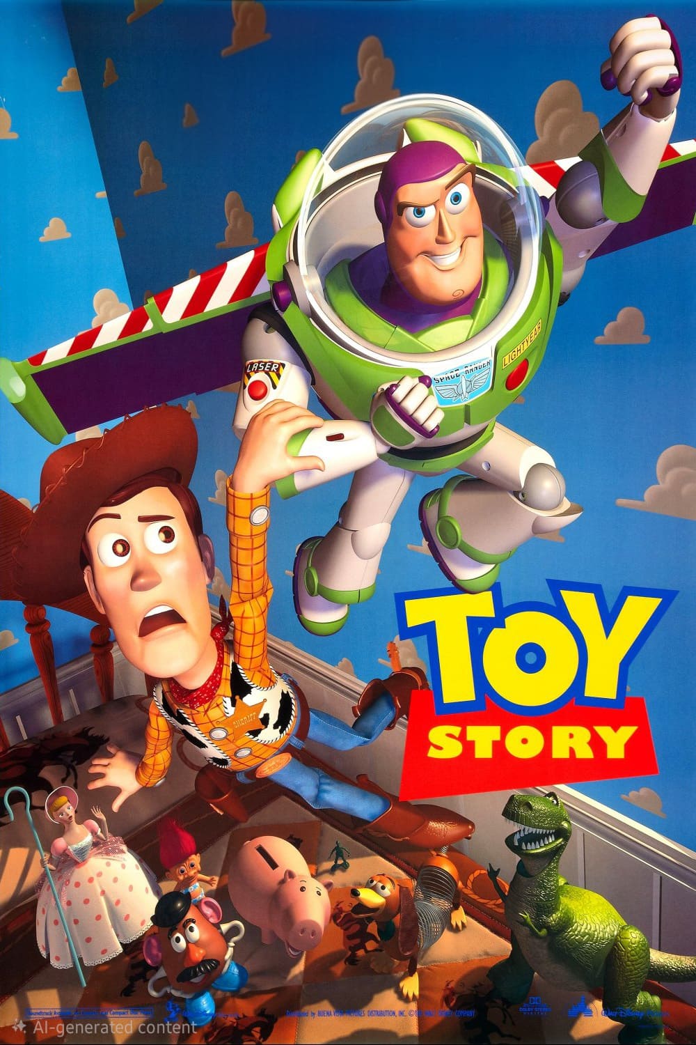 Official poster for Toy Story, featuring Woody and Buzz Lightyear flying above Andy’s bedroom, while other toy characters like Bo Peep, Mr. Potato Head, Slinky Dog, Rex, and Hamm watch below—now available to stream on IPTV Latino.