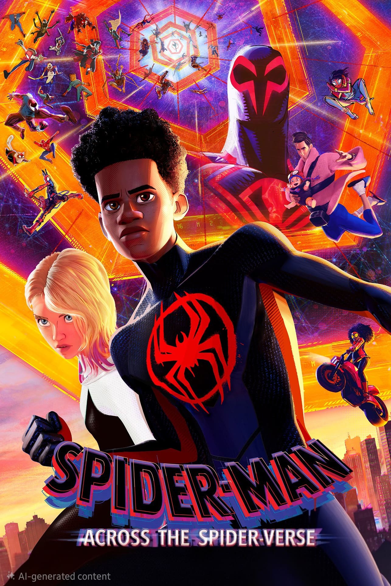 Poster for Spider-Man: Across the Spider-Verse featuring multiple animated Spider-People, including Miles Morales in front, with vibrant, colorful, web-themed backgrounds and cityscapes—now streaming on IPTV Latino.