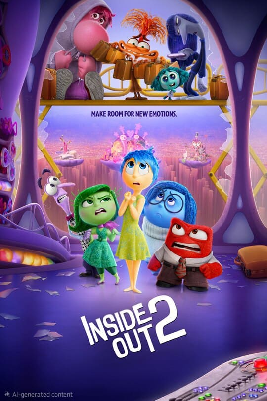 Poster for Inside Out 2 showing animated characters Joy, Disgust, Sadness, and Anger looking up at new emotions arriving above them. Streaming soon on IPTV Latino. The tagline reads, Make room for new emotions.