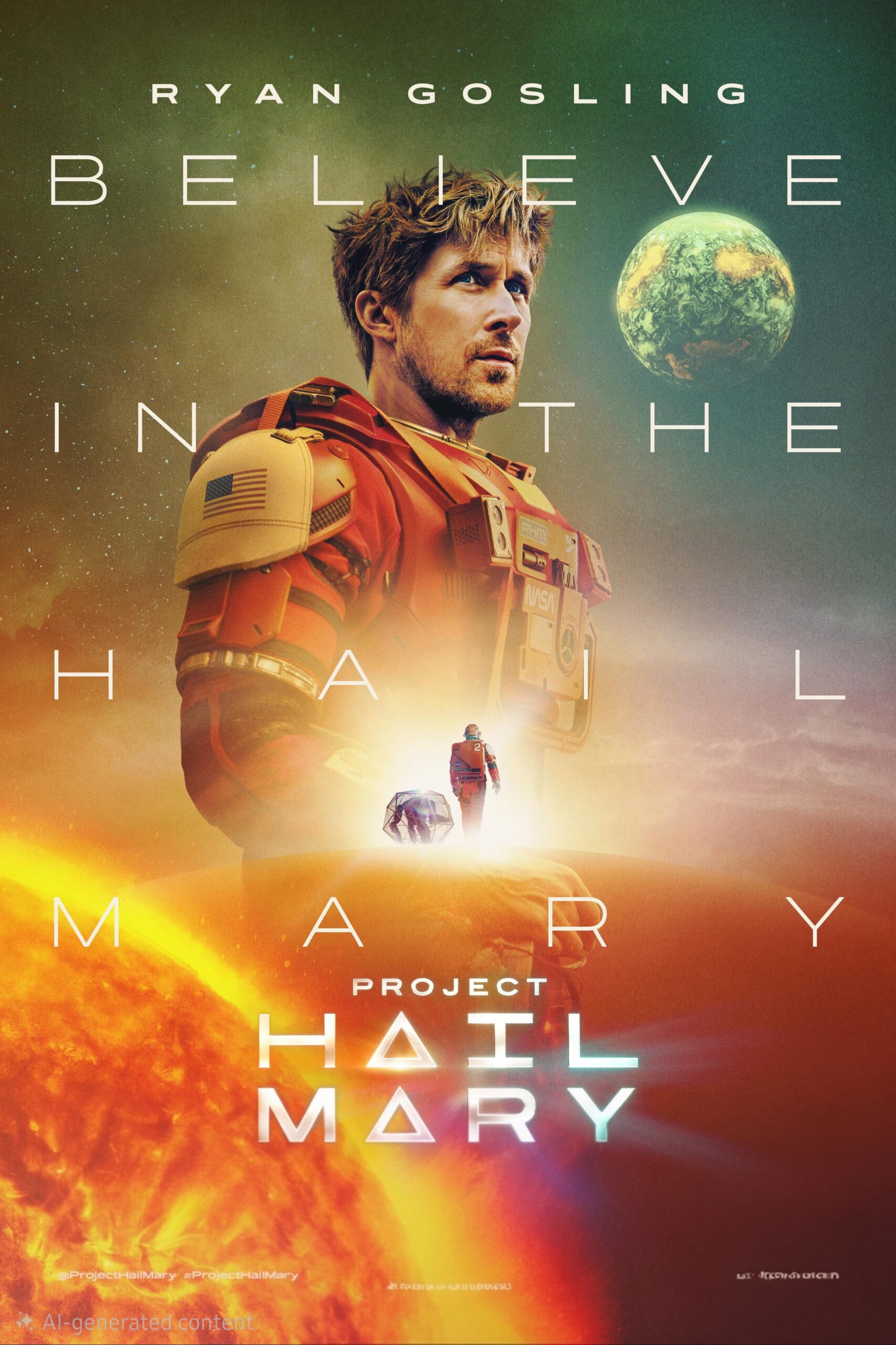 Movie poster for Project Hail Mary featuring Ryan Gosling in a spacesuit, with Earth and space in the background. Overlay text reads, “Believe in the Hail Mary.” Bright cosmic colors evoke a cinematic style worthy of IPTV Latino viewers.