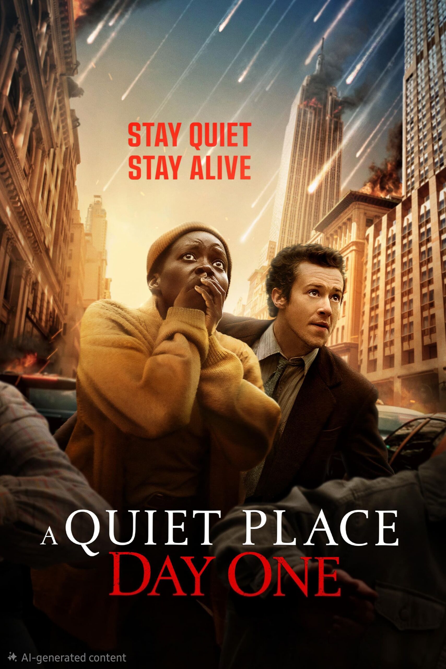 Two people look frightened as meteors rain down on a city, causing chaos. Bold red text warns “Stay Quiet Stay Alive.” The movie title “A Quiet Place: Day One” appears at the bottom—available now on IPTV Latino.