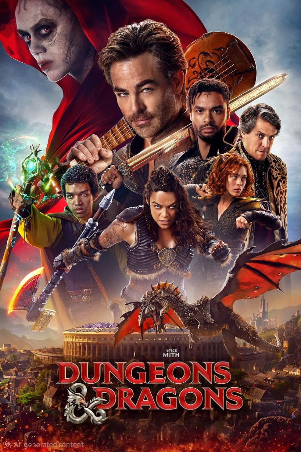 A fantasy movie poster for Dungeons & Dragons: Honor Among Thieves features six main characters in heroic poses, a red dragon, and a mystical city in the background—stream it on IPTV Latino, with the movie title at the bottom.