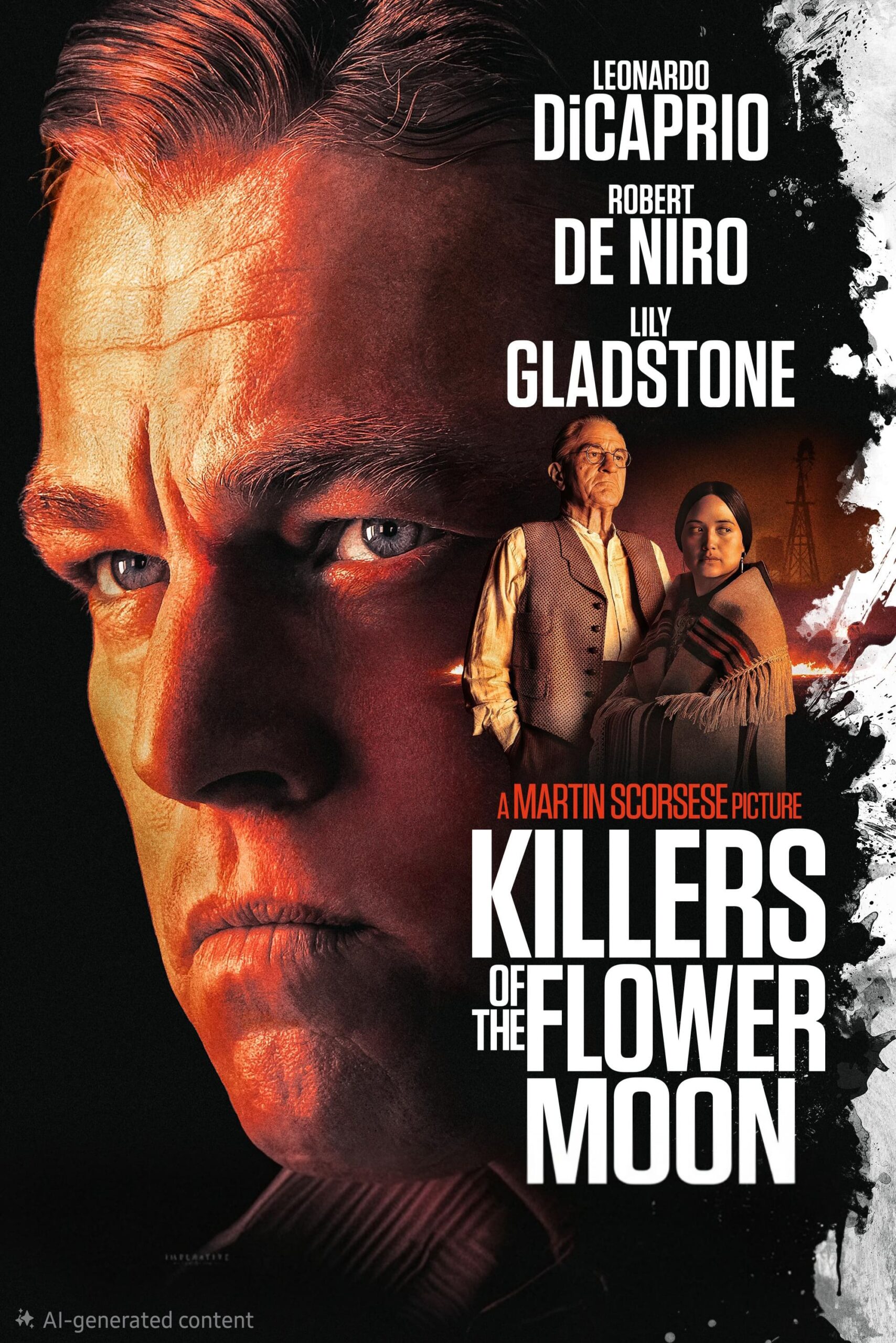 Movie poster for Killers of the Flower Moon featuring a dramatic close-up of a man's face on the left, two people standing on the right, and the film's title and actors' names—streamed now on IPTV Latino.