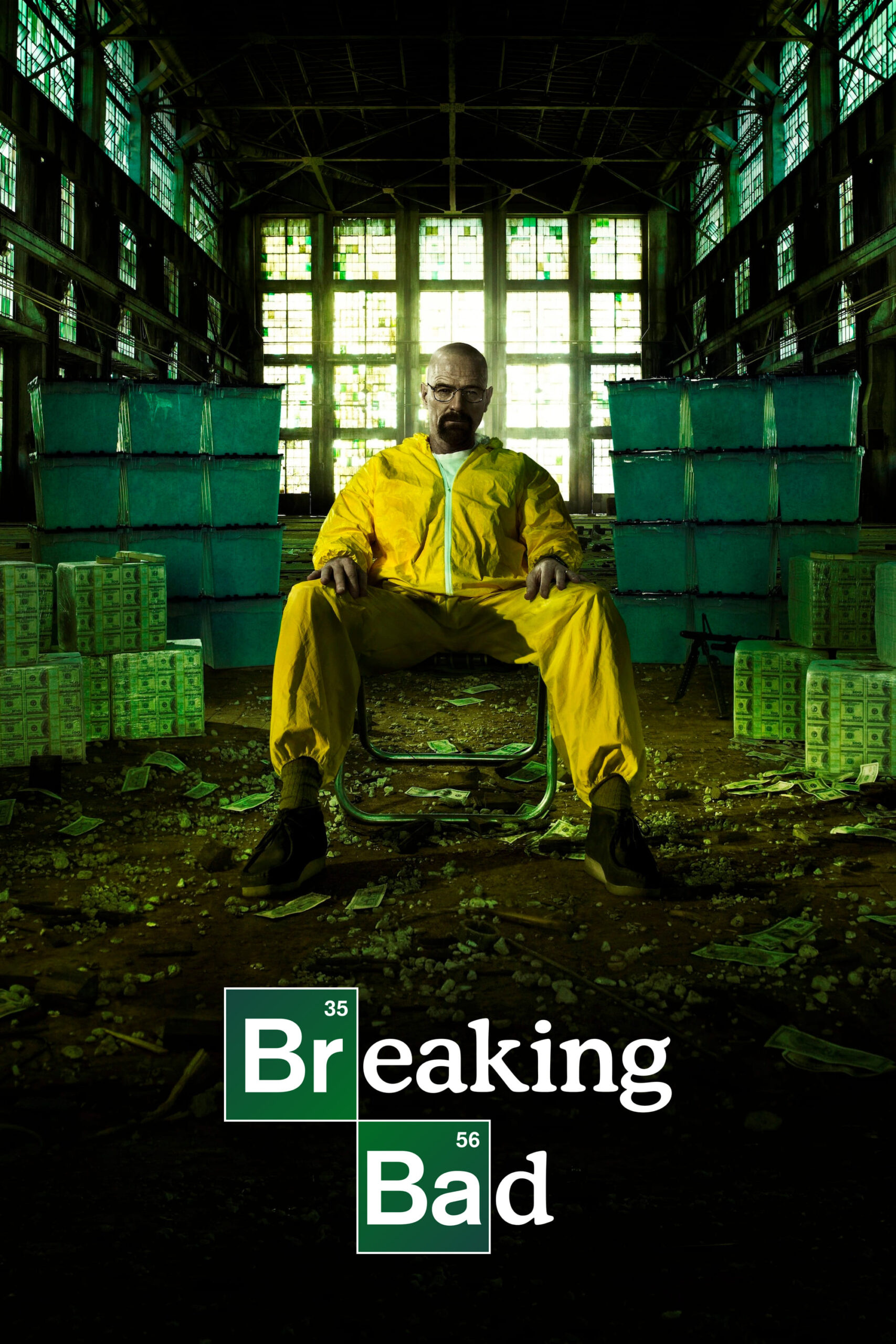 A man in a yellow hazmat suit sits on a chair in an abandoned warehouse, surrounded by stacks of cash. Light streams through large windows behind him. The Breaking Bad logo and an IPTV Latino overlay appear at the bottom.
