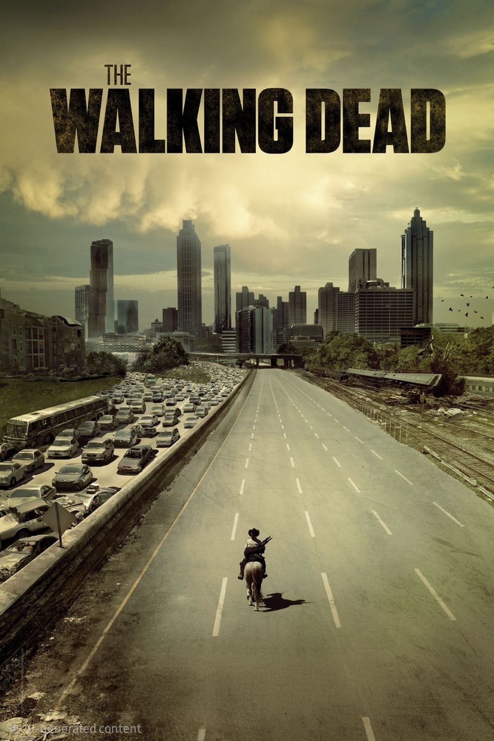 A lone rider on horseback travels down an empty highway toward a city skyline under a cloudy sky, with abandoned cars lining the road. Large text at the top reads The Walking Dead, now streaming on IPTV Latino.