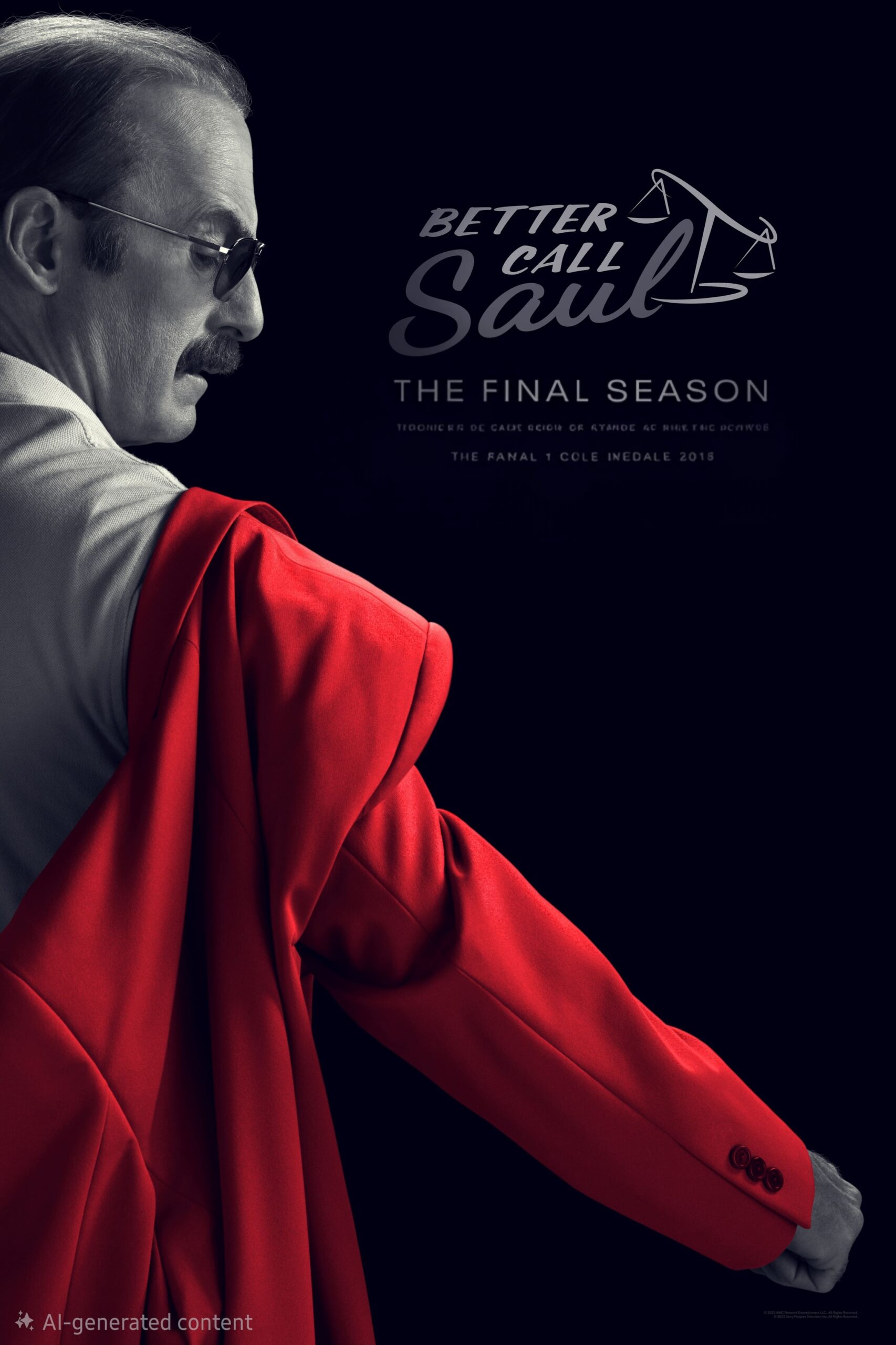 A man with slicked-back hair and glasses puts on a red jacket, facing sideways. Over him is the text: “Better Call Saul: The Final Season.” IPTV Latino fans won't want to miss this. The background is dark and minimalist.