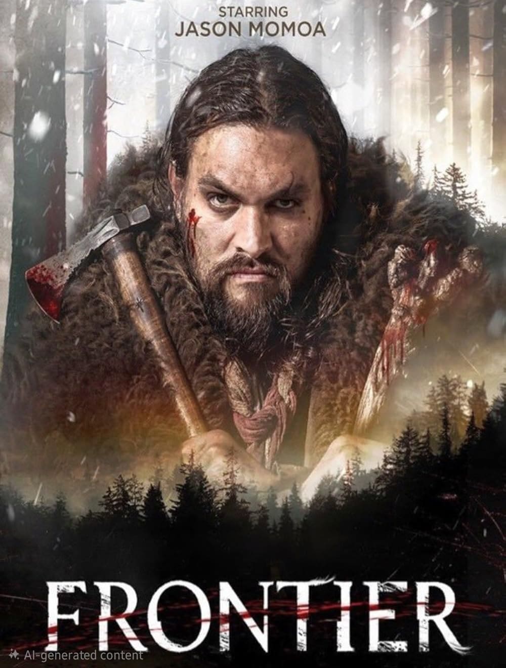 A fierce man with long hair and a beard, holding a bloodied axe, stares intensely in a snowy forest. Text above reads “Starring Jason Momoa.” Below, the title “Frontier” appears with blood-like marks and an IPTV Latino banner.