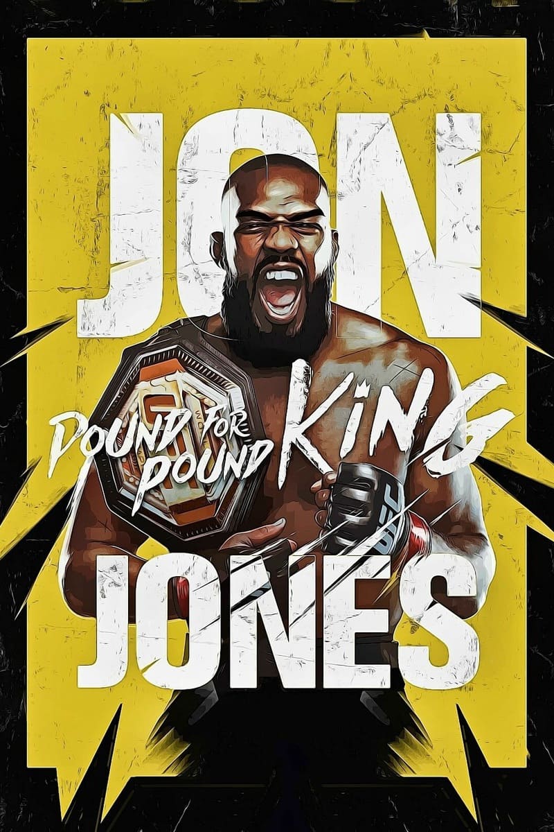 Illustrated poster of a muscular man holding a UFC championship belt, yelling confidently. Bold text reads Jon Jones Pound for Pound King, featuring IPTV Latino graphics on a yellow background with black accents.