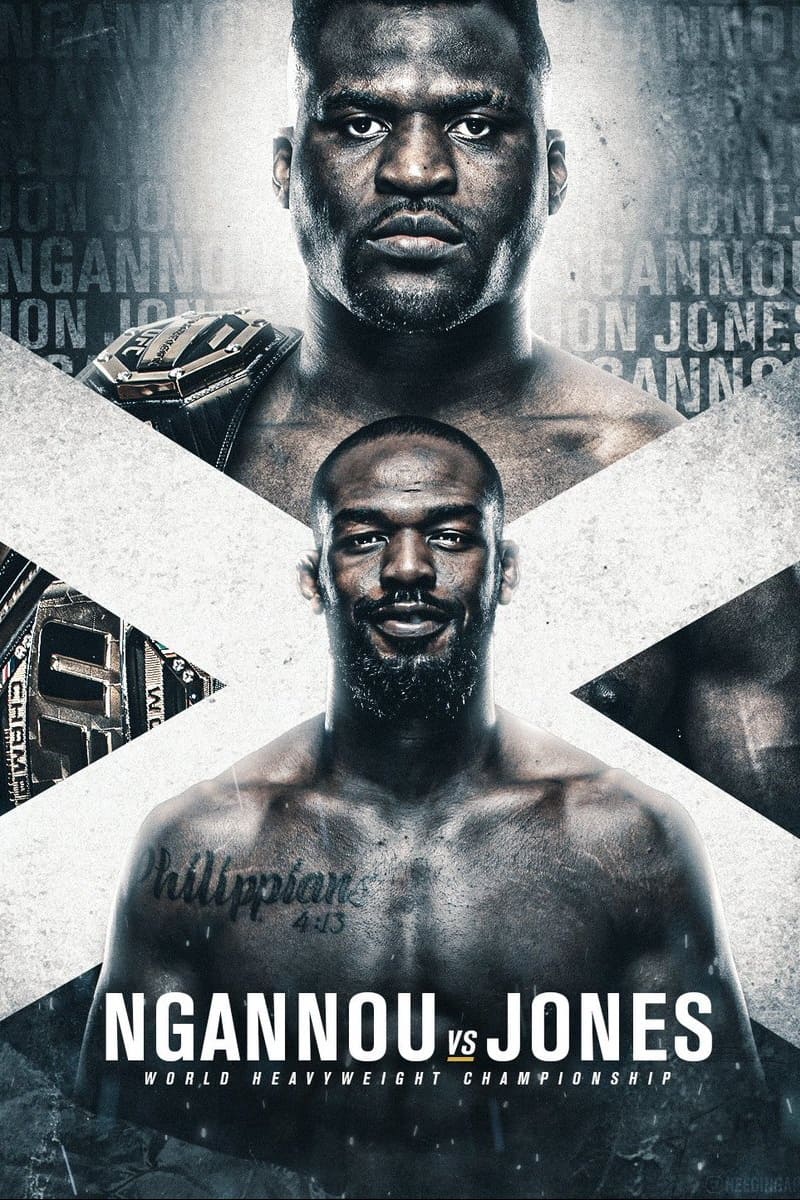 Poster for a UFC heavyweight championship fight featuring Francis Ngannou and Jon Jones, both shirtless, with Ngannou holding a championship belt and their names written below them. Watch live on IPTV Latino.