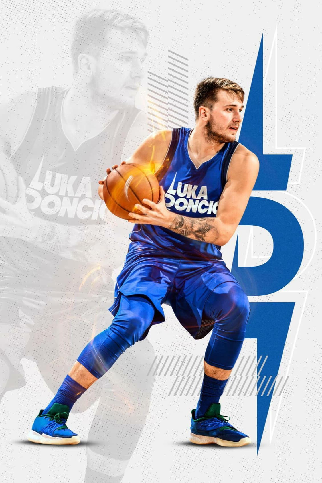 A basketball player in a blue Luka Doncic jersey dribbles a basketball. The background features his grayscale image, bold blue letters forming L and D, and a subtle IPTV Latino logo for added flair.