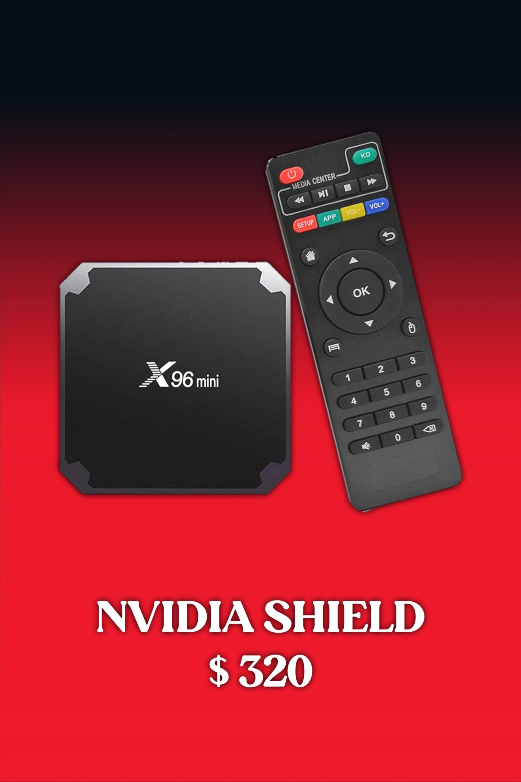 A black X96 mini TV box and a remote control on a red background. Text below reads IPTV Latino NVIDIA SHIELD $320.