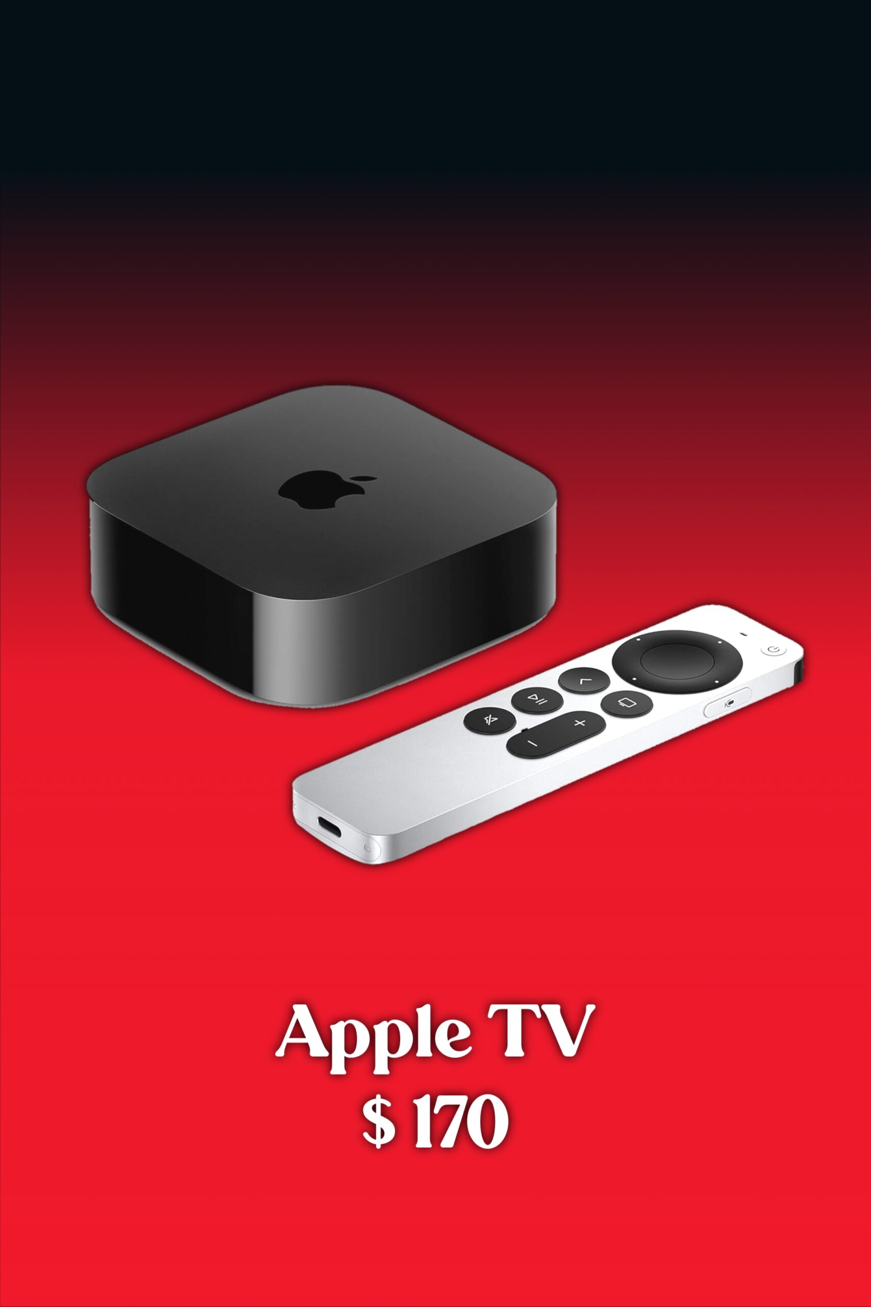 A black Apple TV box and a silver remote are displayed on a red gradient background, promoting IPTV Latino services, with the text Apple TV $170 in white below the devices.