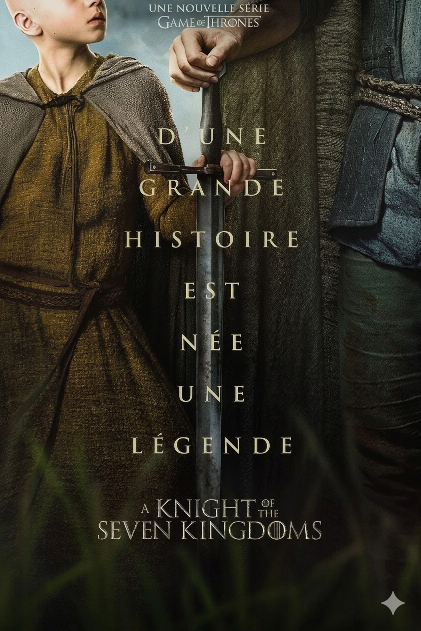 Poster for A Knight of the Seven Kingdoms showing a child in a cloak holding hands with an armored adult holding a sword. French text overlays the image, mentioning the birth of a legend from a great story. Disponible via IPTV Latino.
