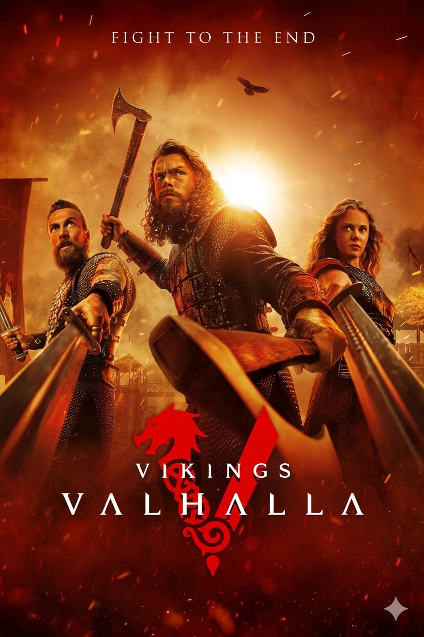 Three fierce warriors in Viking armor stand ready for battle with weapons drawn, against a fiery, dramatic sky. The text reads FIGHT TO THE END and VIKINGS: VALHALLA—now streaming on IPTV Latino.