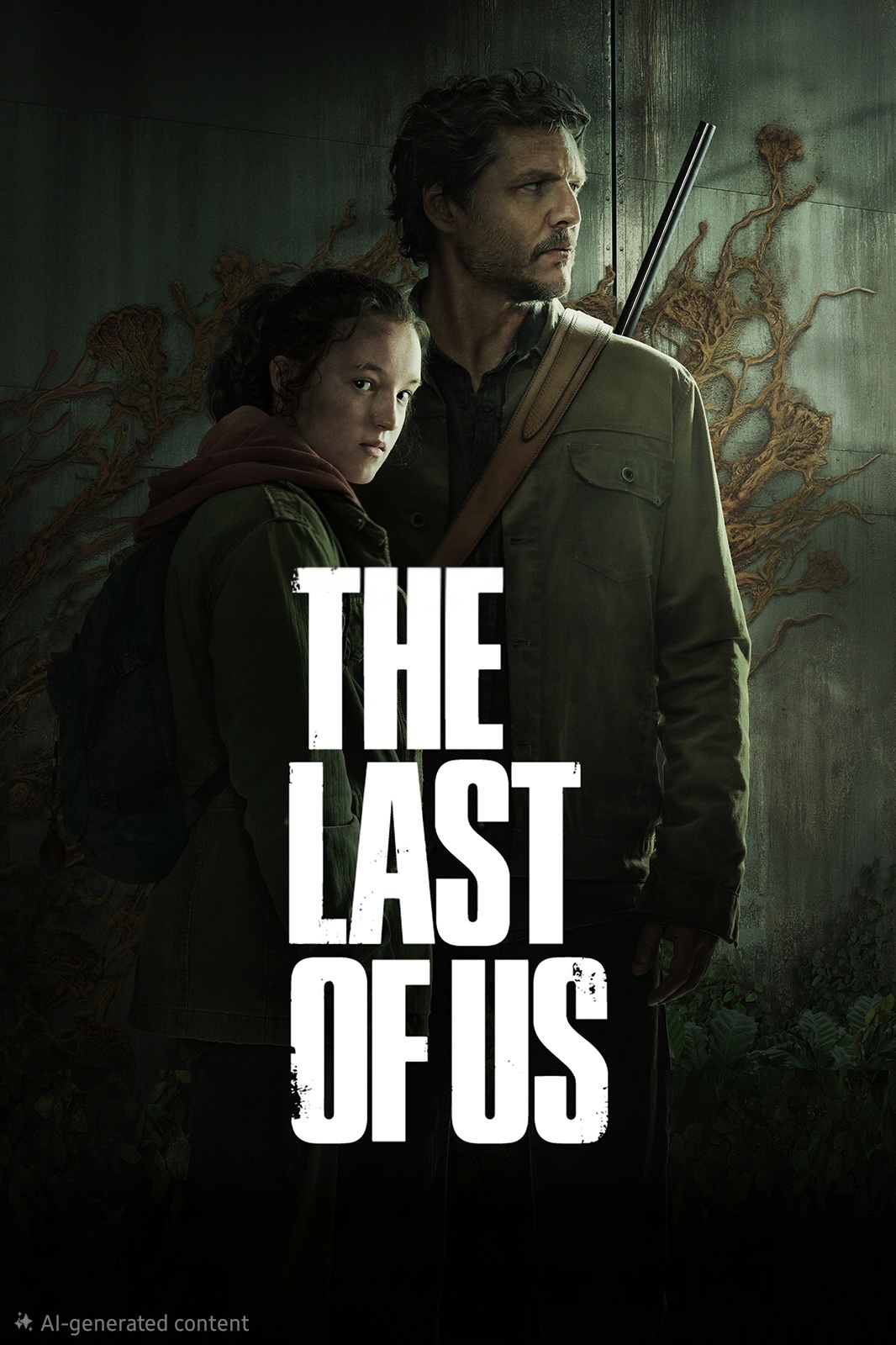 A man and a teenage girl stand close together, both looking serious. The man holds a rifle. Behind them, large, root-like growths cover the wall. The text The Last of Us is prominently displayed in bold white letters, hinting at an IPTV Latino broadcast.