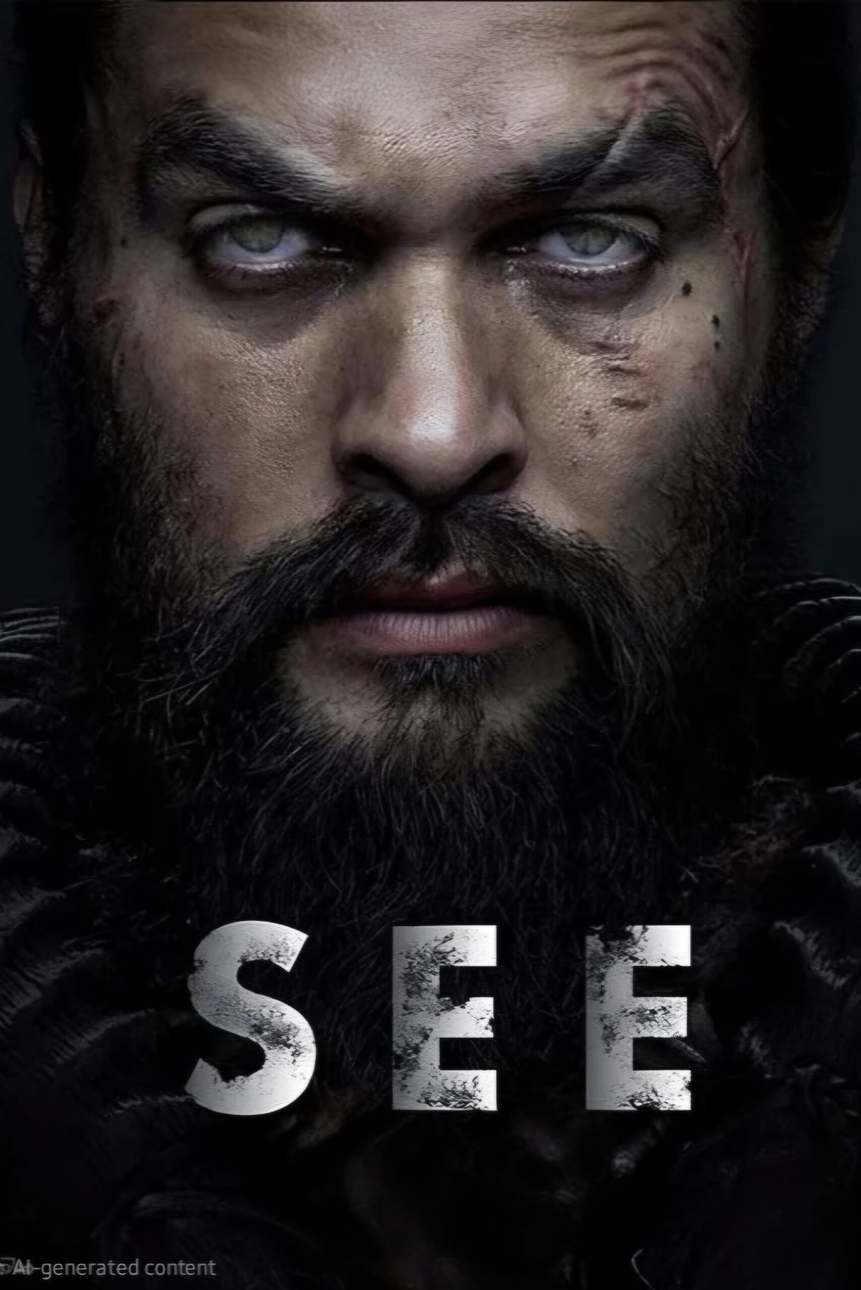 A close-up of a bearded man with scars and pale eyes stares intensely forward. The word SEE and IPTV Latino are written in bold, textured letters across the bottom of the dark, dramatic image.